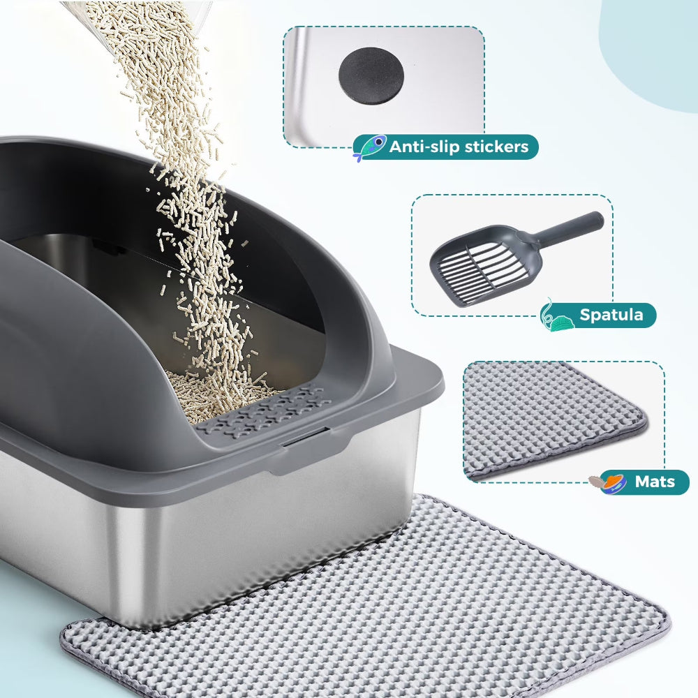 24In Stainless Steel Cat Litter Box with Lid, Large Cat Litter Box for Cats, High Wall Sides, Anti-Urine Leakage, Easy Cleaning, Scoop and Mat Included, Dark Grey