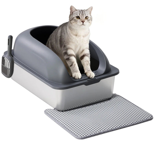 24In Stainless Steel Cat Litter Box with Lid, Large Cat Litter Box for Cats, High Wall Sides, Anti-Urine Leakage, Easy Cleaning, Scoop and Mat Included, Dark Grey