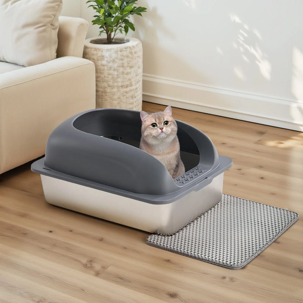 24In Stainless Steel Cat Litter Box with Lid, Large Cat Litter Box for Cats, High Wall Sides, Anti-Urine Leakage, Easy Cleaning, Scoop and Mat Included, Dark Grey