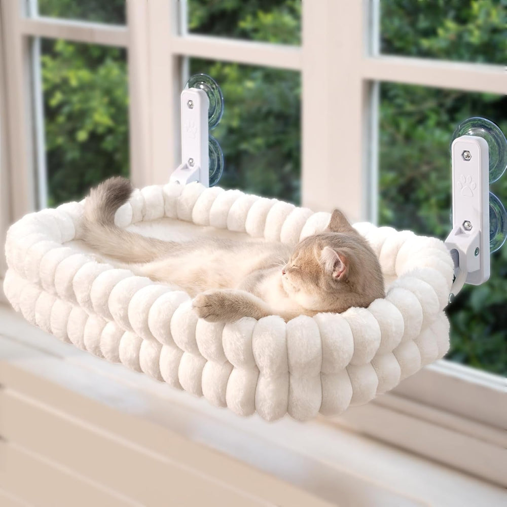 Cat Window Perch for Indoor Cats Hammock for Window with Reversible Cushion, Foldable Cat Window Bed for Large Cats and Kittens(White,Medium)