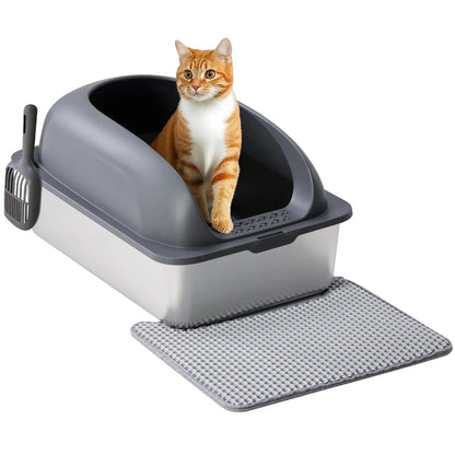 24In Stainless Steel Cat Litter Box with Lid, Large Cat Litter Box for Cats, High Wall Sides, Anti-Urine Leakage, Easy Cleaning, Scoop and Mat Included, Dark Grey