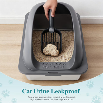 24In Stainless Steel Cat Litter Box with Lid, Large Cat Litter Box for Cats, High Wall Sides, Anti-Urine Leakage, Easy Cleaning, Scoop and Mat Included, Dark Grey