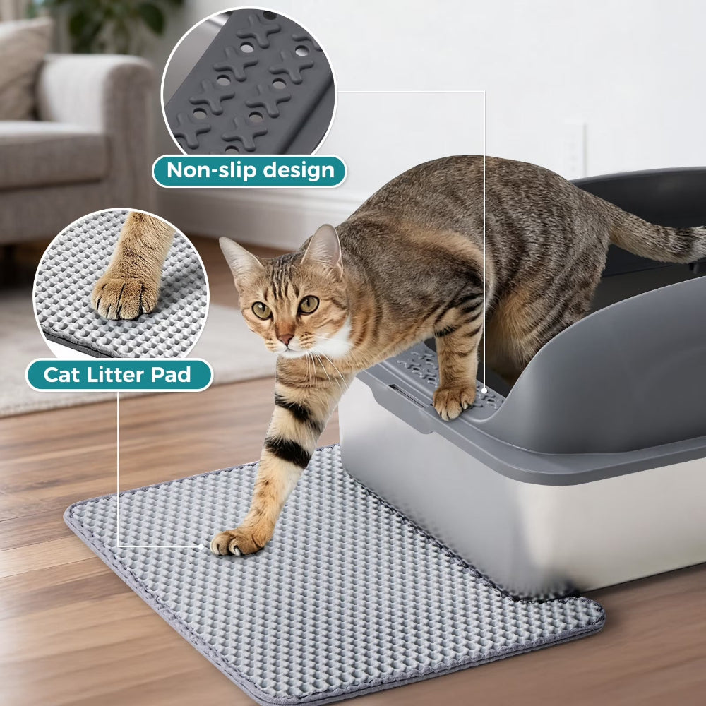 24In Stainless Steel Cat Litter Box with Lid, Large Cat Litter Box for Cats, High Wall Sides, Anti-Urine Leakage, Easy Cleaning, Scoop and Mat Included, Dark Grey