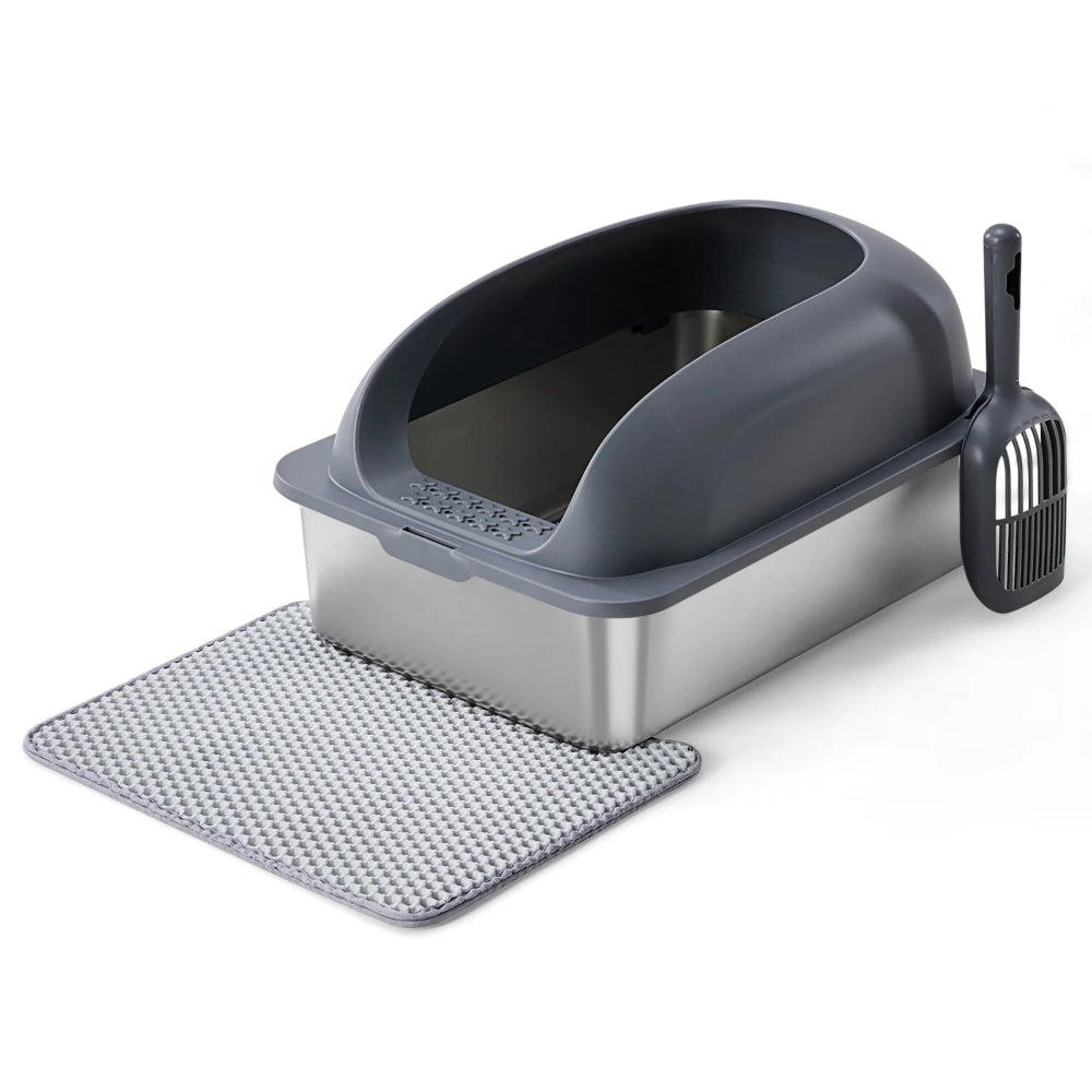 24In Stainless Steel Cat Litter Box with Lid, Large Cat Litter Box for Cats, High Wall Sides, Anti-Urine Leakage, Easy Cleaning, Scoop and Mat Included, Dark Grey