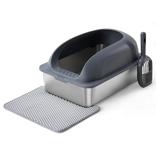 24In Stainless Steel Cat Litter Box with Lid, Large Cat Litter Box for Cats, High Wall Sides, Anti-Urine Leakage, Easy Cleaning, Scoop and Mat Included, Dark Grey