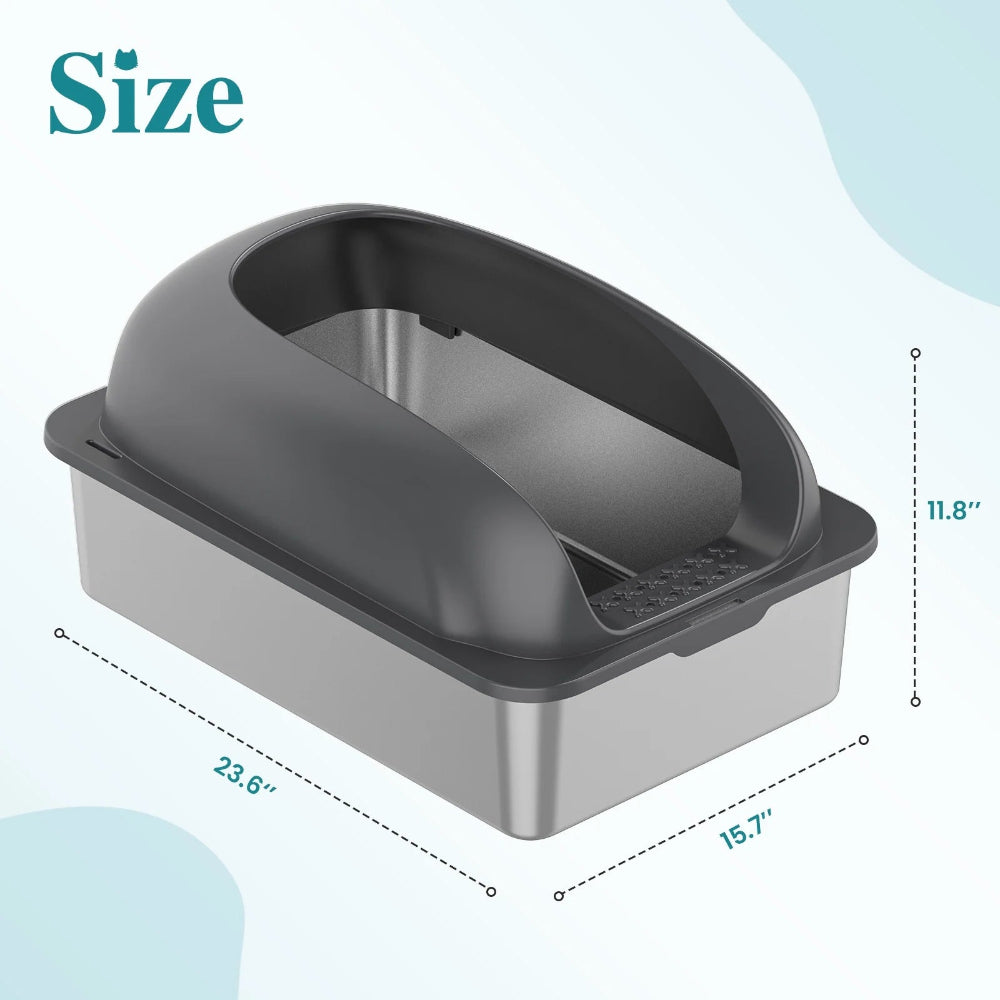 24In Stainless Steel Cat Litter Box with Lid, Large Cat Litter Box for Cats, High Wall Sides, Anti-Urine Leakage, Easy Cleaning, Scoop and Mat Included, Dark Grey