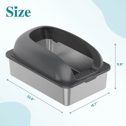 24In Stainless Steel Cat Litter Box with Lid, Large Cat Litter Box for Cats, High Wall Sides, Anti-Urine Leakage, Easy Cleaning, Scoop and Mat Included, Dark Grey
